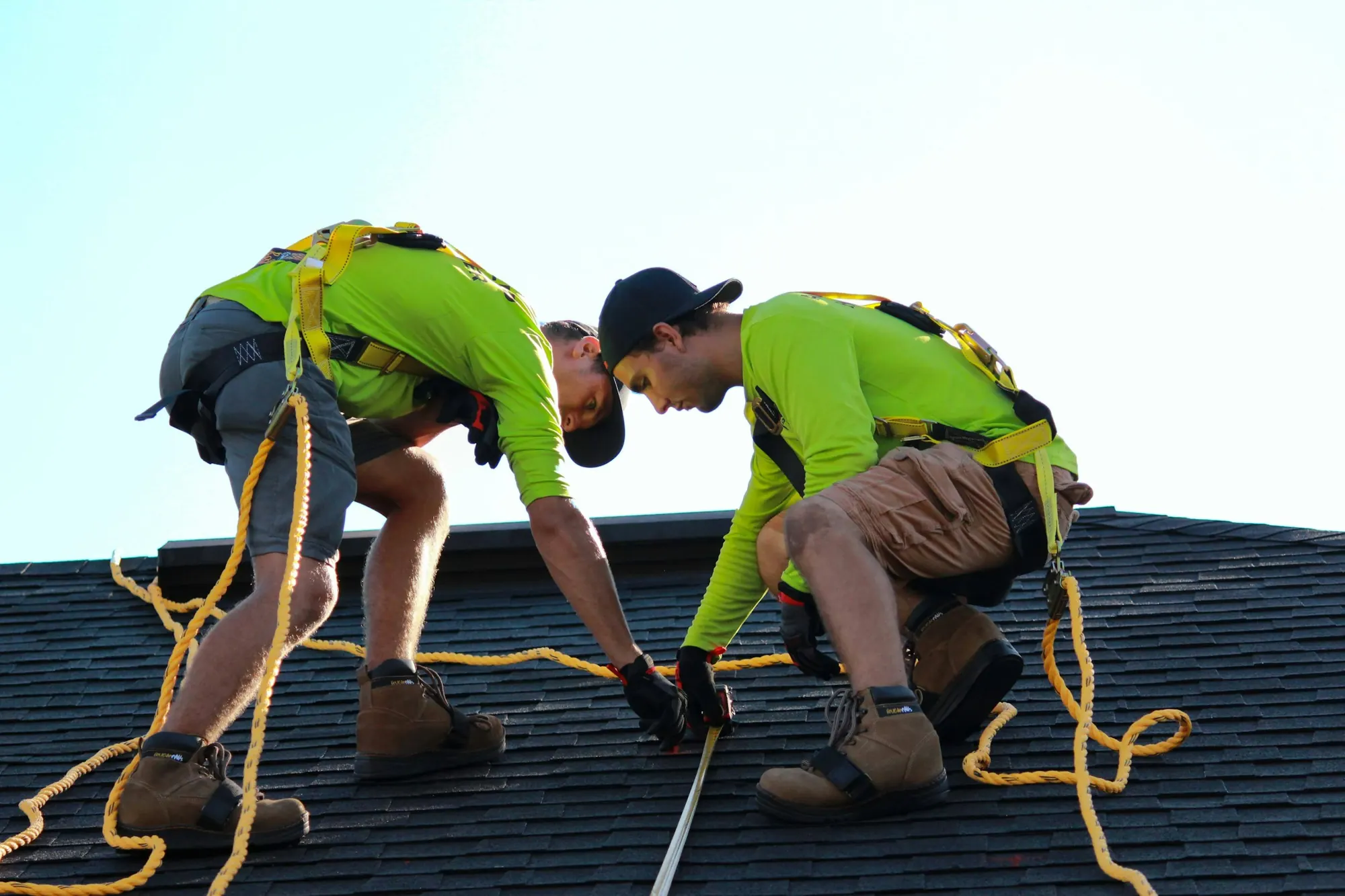 Two roofers in safety harnesses measuring a shingle roof with a tape
