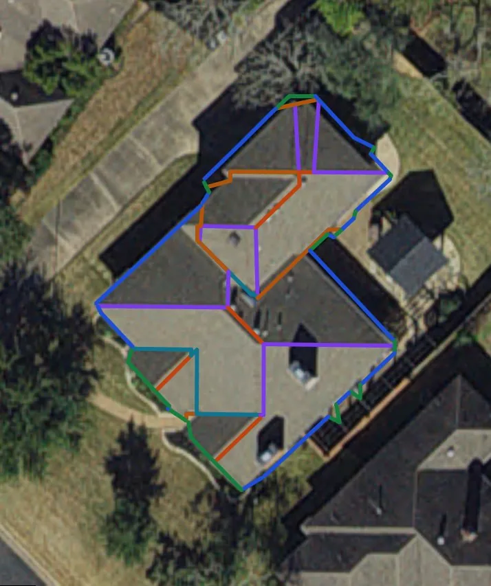 Aerial photo of the sample house with the measured roof edges drawn on it